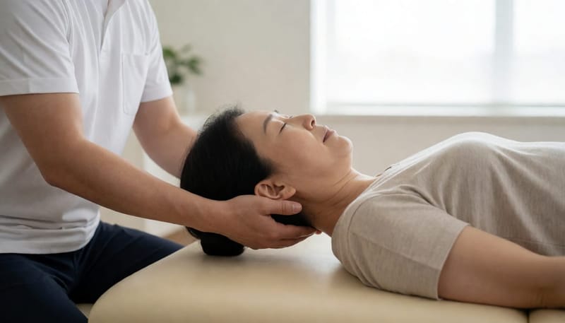 물리치료사가 환자의 목 스트레칭을 도와주는 재활 관리 장면