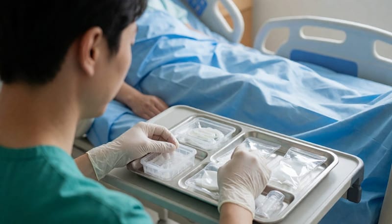 응급 도뇨관 삽입 처치를 준비하는 의료진의 손