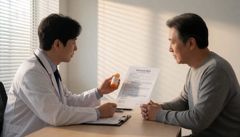 약물치료와 수술치료 두 선택지를 설명하는 의사와 환자