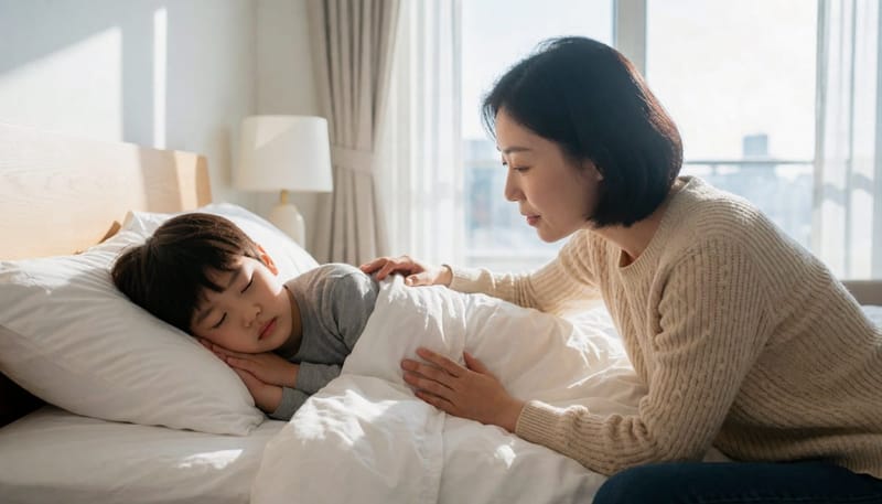 아침 침대에서 입을 벌리고 자는 아이를 지켜보는 엄마