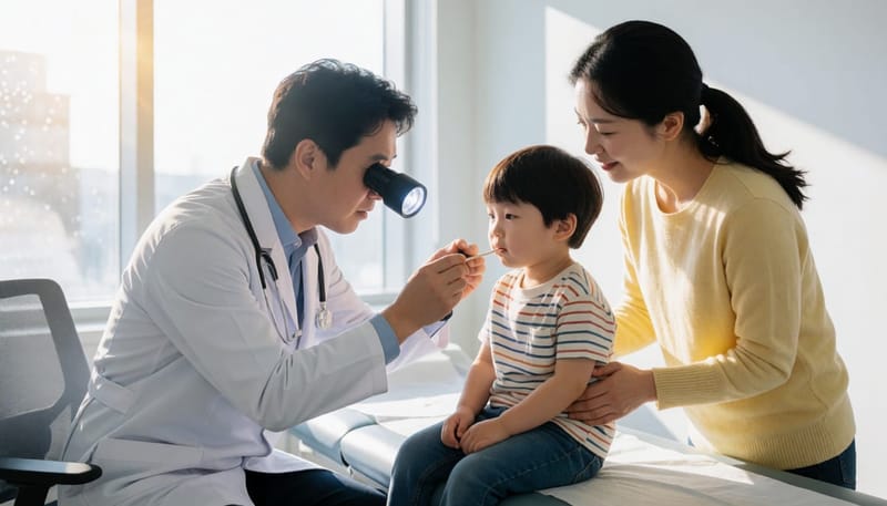 소아과 의사가 아이의 코와 목을 진찰하는 모습