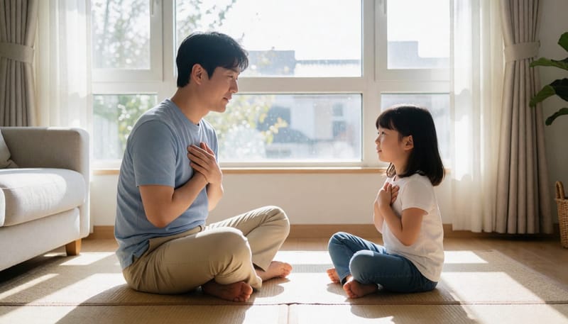 거실에서 아빠와 딸이 함께 코 호흡 연습을 하는 모습