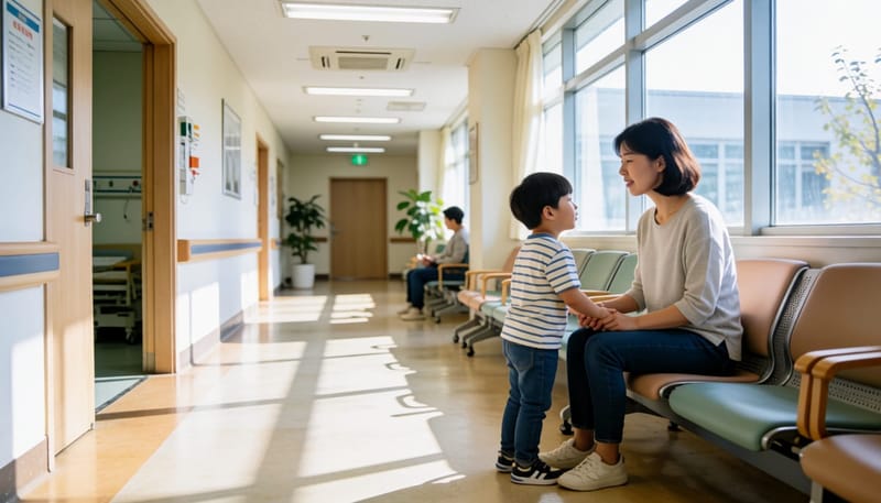 병원 대기실에서 진료를 기다리는 엄마와 아이