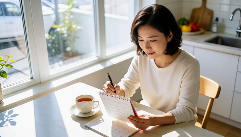 달력을 보며 컨디션 변화를 체크하는 여성