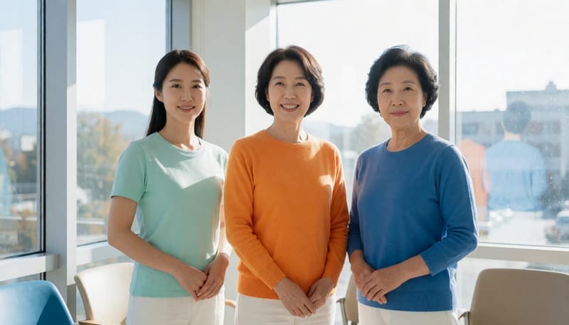 20·30·40대 여성이 함께 병원 대기실에 서 있는 모습, 연령별 차이를 암시