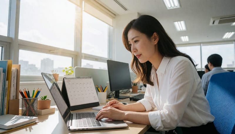 업무 중 생리통으로 배를 누르며 힘들어하는 30대 직장인 여성
