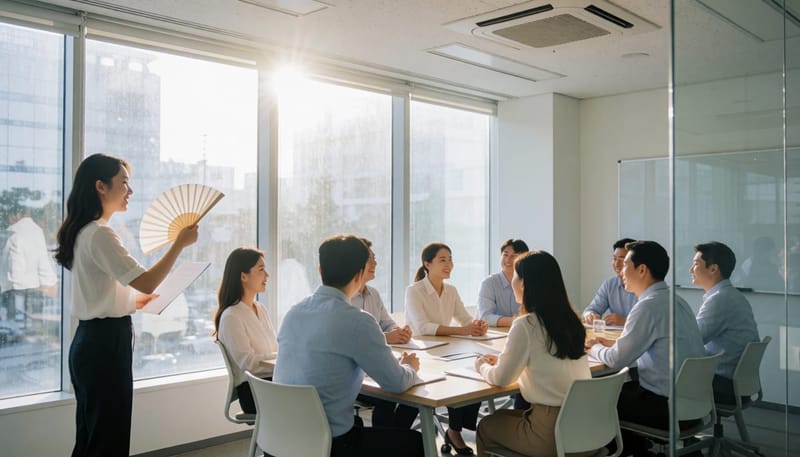 환절기 날씨가 느껴지는 흐린 창문과 답답한 회의실 전경