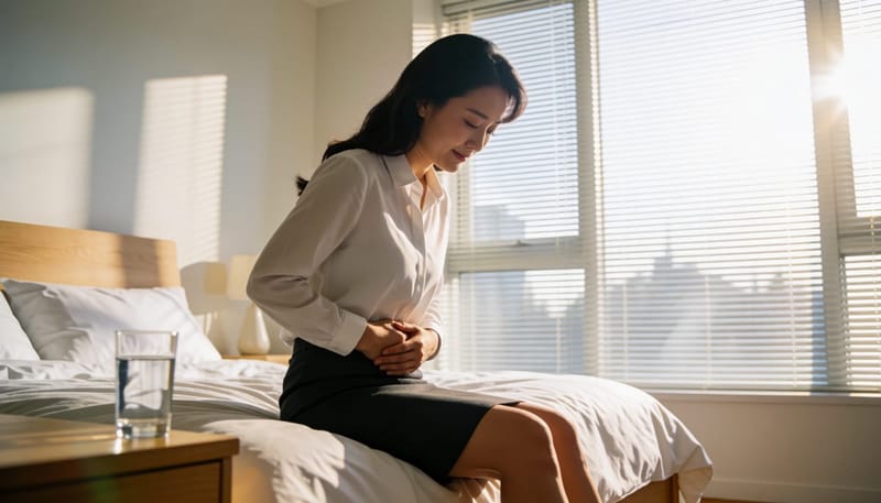 출근 전 침대 끝에 앉아 속이 울렁거려 배를 움켜쥔 여성