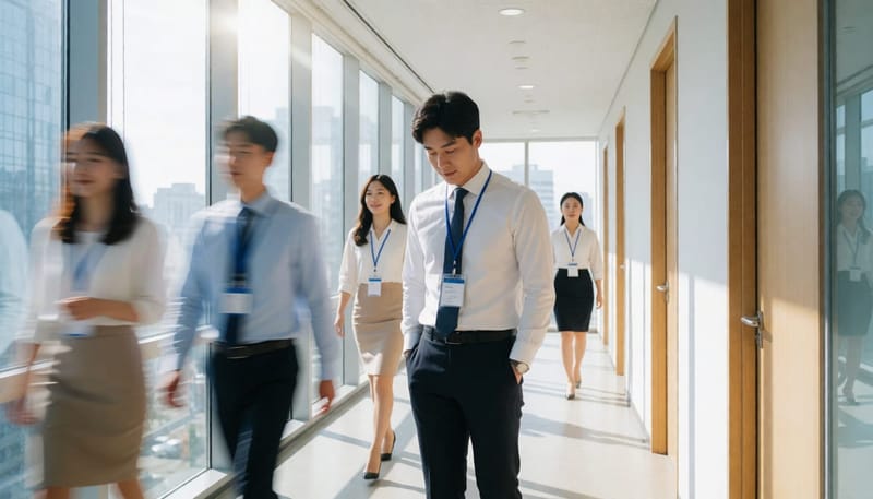 새 직장 복도에서 낯선 환경에 긴장한 채 홀로 서 있는 남성