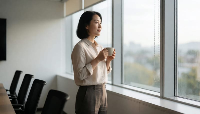 회의 시작 전 창가에서 차를 마시며 마음을 가다듬는 여성