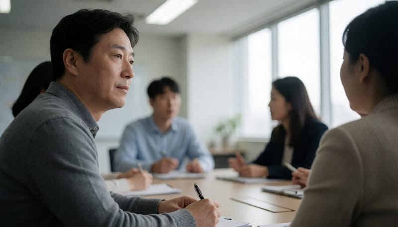 회의 중 창밖을 멍하니 바라보며 딴생각에 빠진 남성