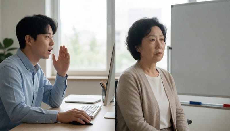 피로로 하품하는 사람과 무표정하게 화이트보드를 바라보는 사람의 대비