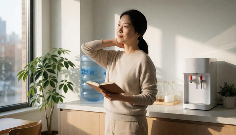 휴게 공간에서 목을 스트레칭하며 컨디션을 관리하는 여성