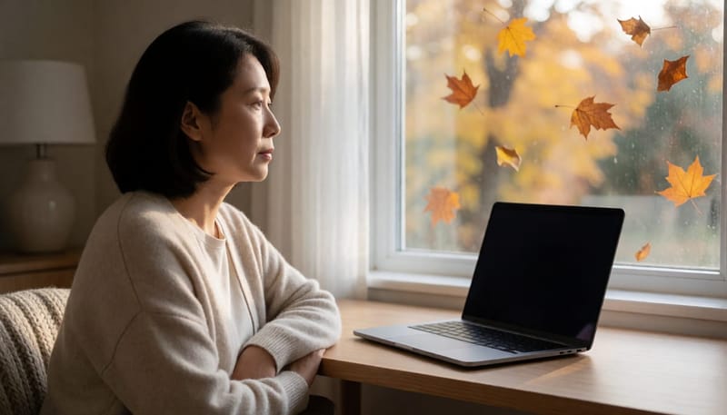 환절기 창가에서 멍하니 밖을 바라보는 성인 여성