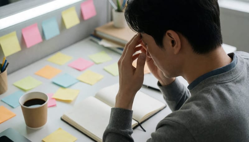 산만한 책상 앞에서 피로감을 느끼는 직장인 남성