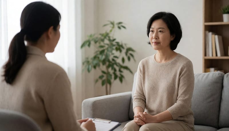 상담실에서 전문가와 마주 앉아 이야기하는 여성