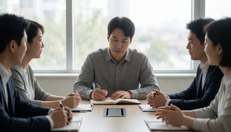 회의 중 멍하게 앉아 있는 성인 남성의 모습