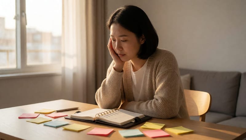 집중하지 못하고 지친 표정으로 책상에 앉아 있는 여성