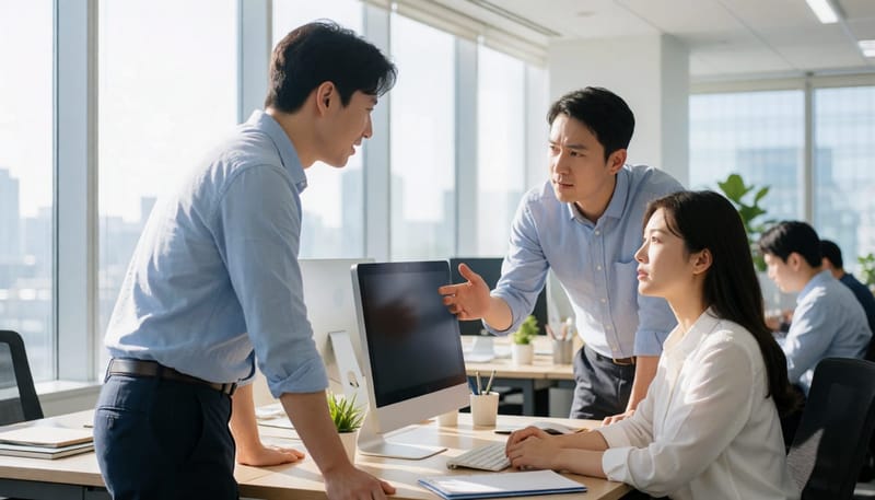 동료가 손바닥을 보며 걱정스러운 표정으로 이야기하는 사무실 장면