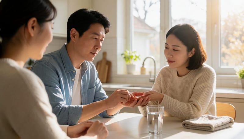 성인 남성이 집에서 손바닥의 물집을 살펴보는 클로즈업 장면
