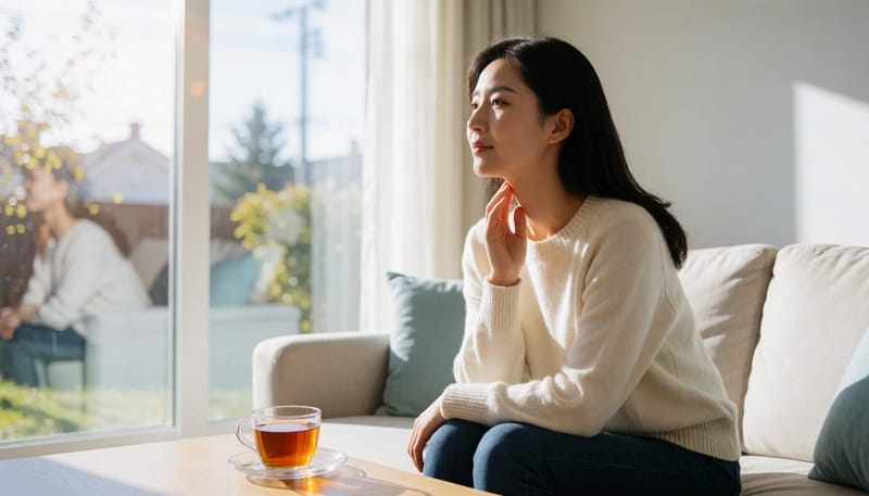 목을 만지며 증상을 살피는 여성의 고민스러운 표정 장면