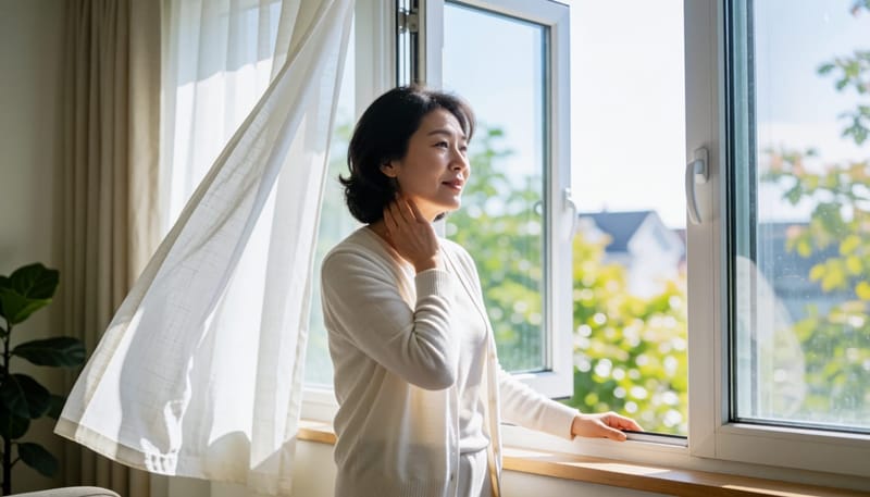 환절기 실내에서 옷차림을 조절하며 체온 변화를 느끼는 여성