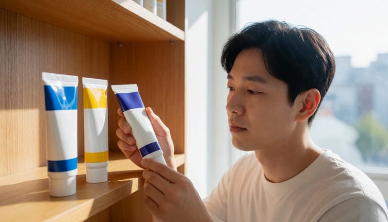 여러 연고 제품을 비교하며 고르는 손과 시선