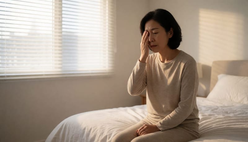 아침에 침대에서 한쪽 눈을 가리고 시야를 확인하는 여성