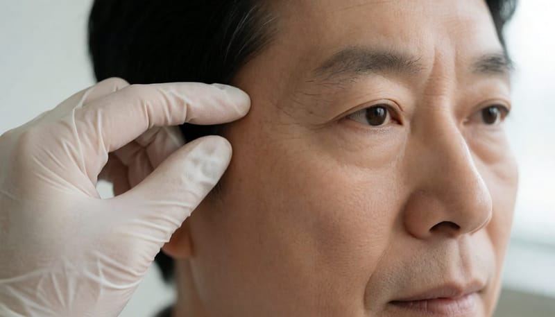 관자놀이 혈관과 신경을 확인하는 진료 장면 클로즈업