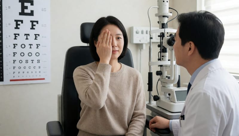 한쪽 눈을 가리고 시력표를 보며 검사받는 여성