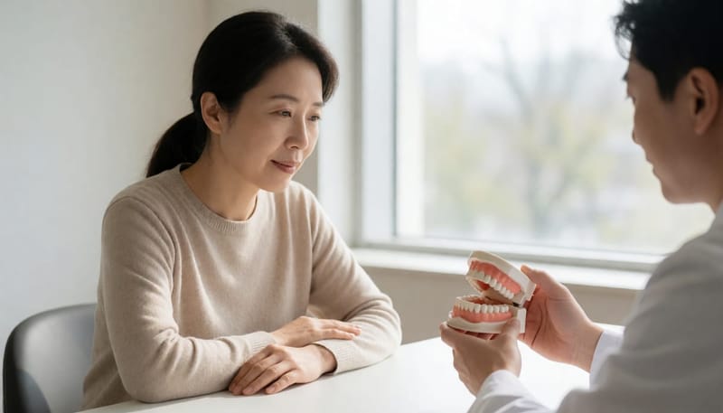 성인 여성이 치과 상담실에서 치아 모형을 보며 진지하게 상담받는 모습