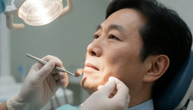 치과 진료 의자에서 잇몸과 턱 부위를 촉진 검사받는 남성 환자의 옆모습