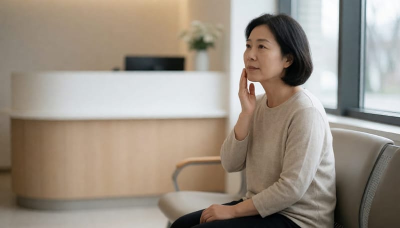 턱과 잇몸 통증을 느끼며 치과 대기실에 앉아있는 여성의 모습