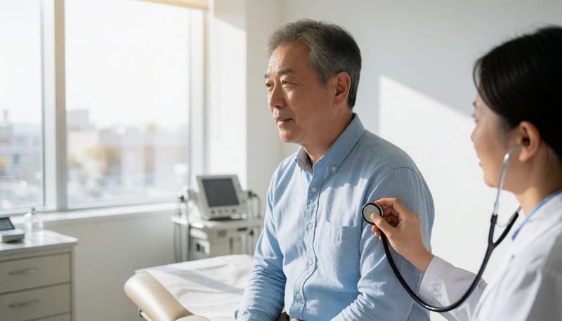 진료실에서 청진기 검사를 받으며 심하게 기침하는 남성