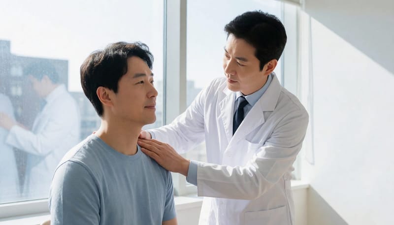의사가 환자의 어깨와 목 근육을 직접 촉진하며 진찰하는 모습