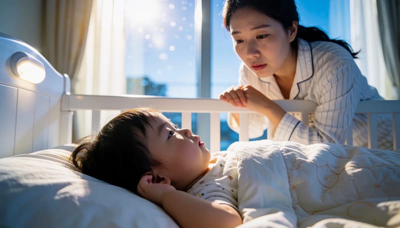 밤에 귀를 잡아당기며 깨어 있는 아이를 엄마가 살피는 모습