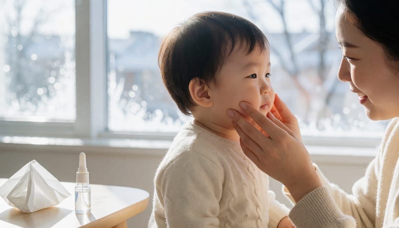 감기 후 귀 주변을 살피는 모습과 겨울 창문 배경