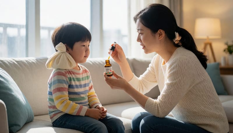 상황에 따라 진통제나 온찜질 등 통증 완화 방법을 고르는 모습