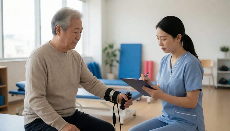 60대 남성이 물리치료사와 함께 악력 측정 검사를 받는 모습