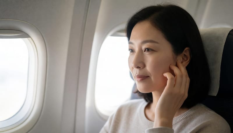 비행기 창가 좌석에서 귀를 손으로 누르며 불편해하는 여성