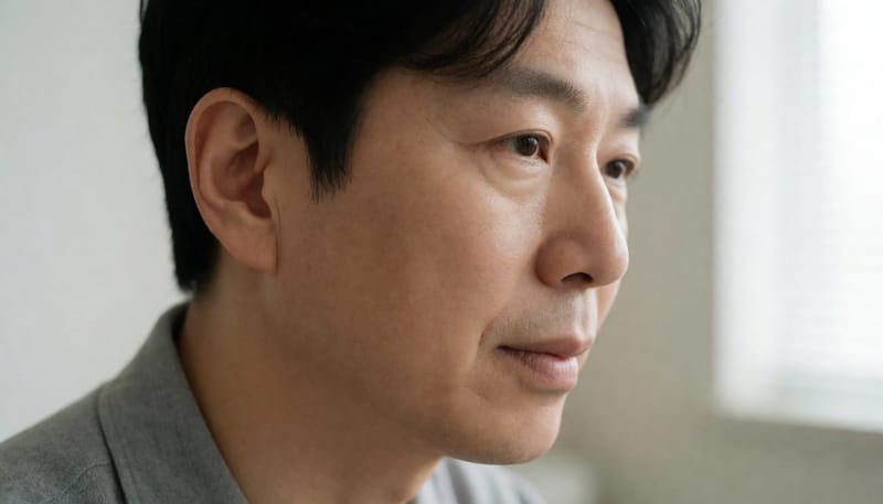 귀와 턱선을 클로즈업한 남성의 옆모습, 이관 부위 강조