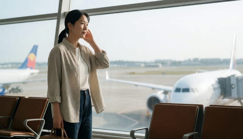 공항 대합실 창가에서 하품하듯 턱을 벌리며 귀 점검을 하는 여성