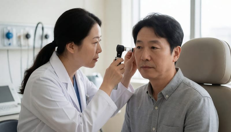 이비인후과 진료실에서 의사가 환자의 귀를 검사하는 모습