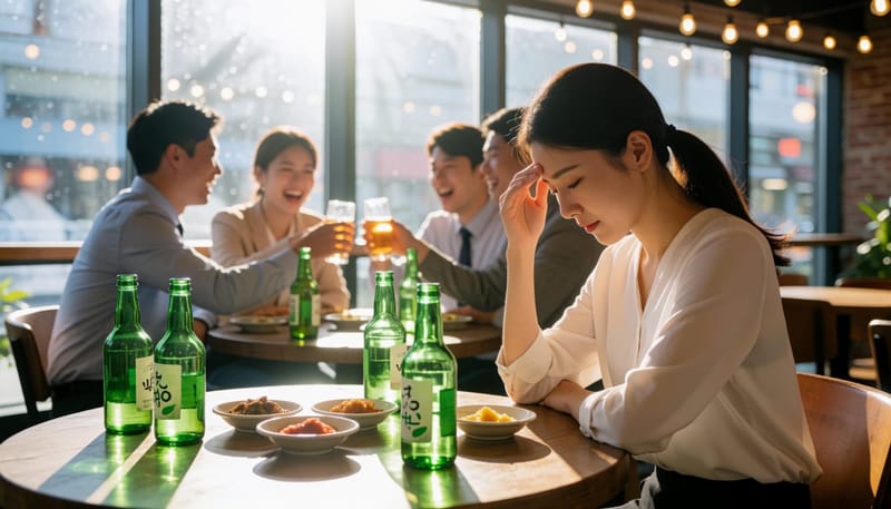 연말 회식 자리에서 홀로 지친 표정으로 이마를 짚고 있는 여성