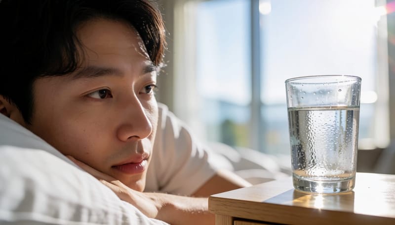 아침 햇살 속 피곤하고 충혈된 눈을 한 남성의 얼굴 클로즈업