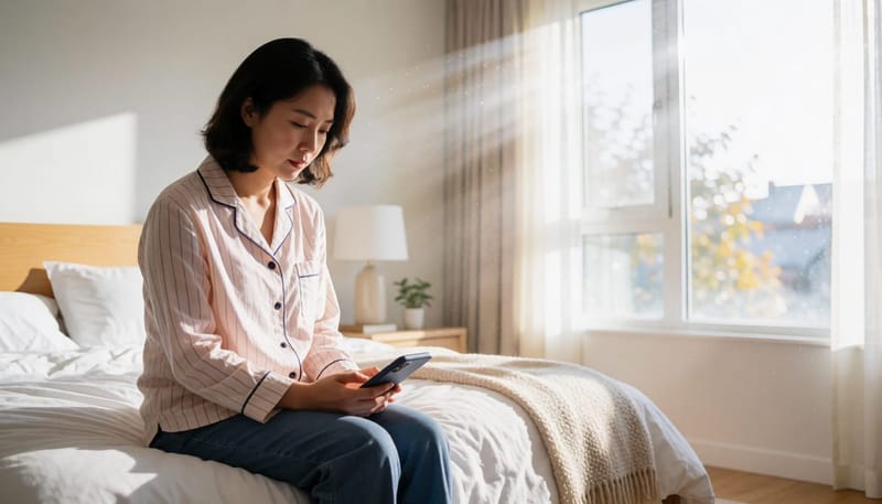 침대에 걸터앉아 무기력하게 휴대폰을 바라보는 잠옷 차림 여성