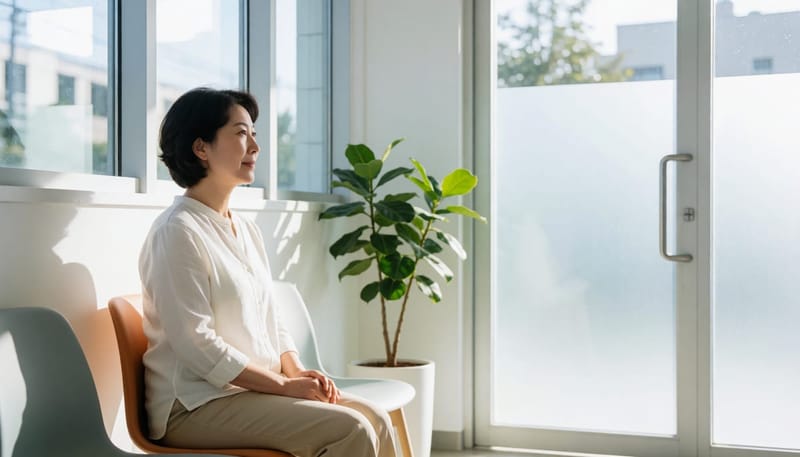 밝은 병원 대기실에서 차분히 앉아 진료를 기다리는 중년 여성