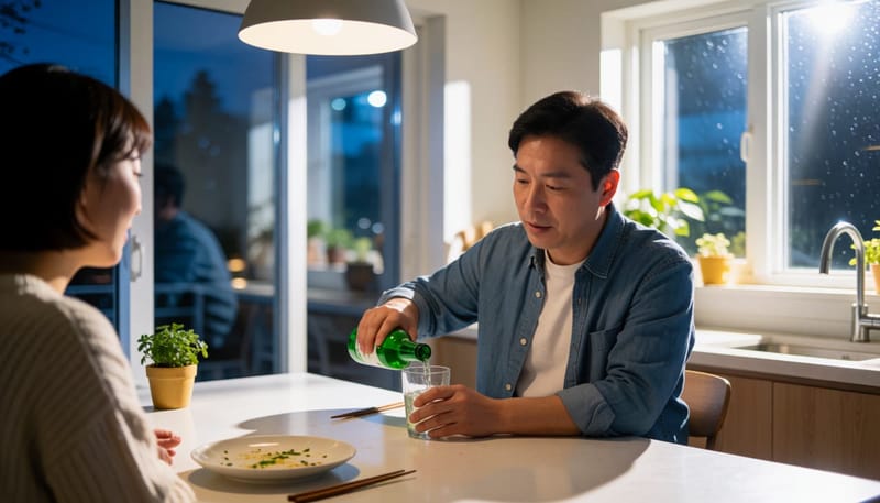 주방 식탁에서 홀로 술을 따르는 남성의 모습