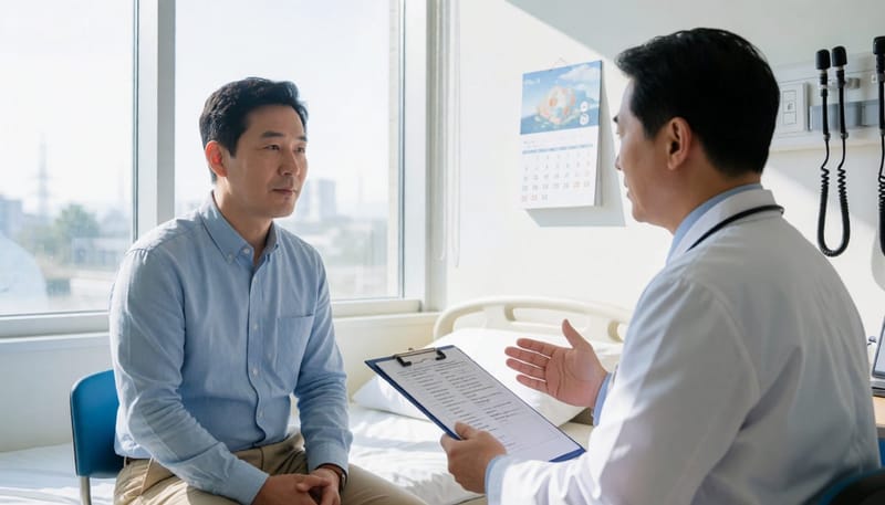병원에서 의사와 상담하는 남성 환자