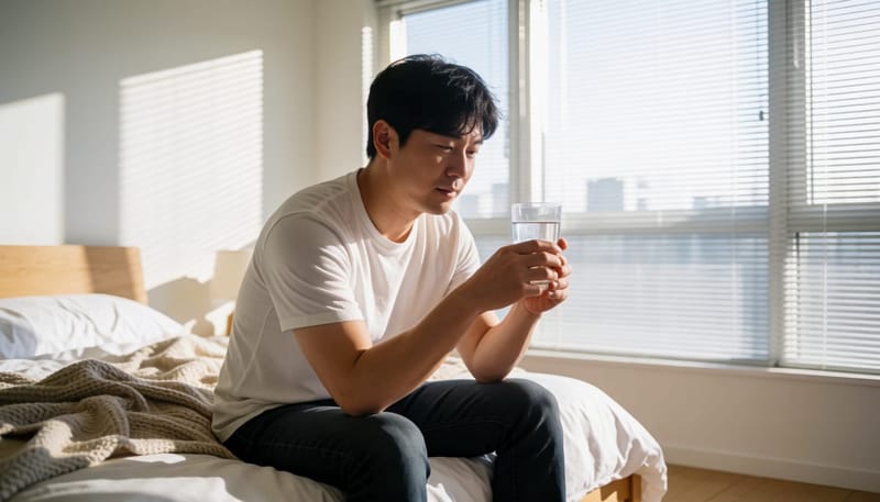 술 끊은 다음날 침대에 걸터앉아 물컵을 보며 혼란스러워하는 남성